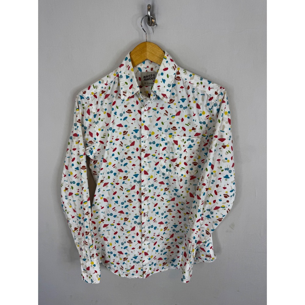 Naked & Famous Mushroom Print Long Sleeve Button Down Shirt Mens Small White